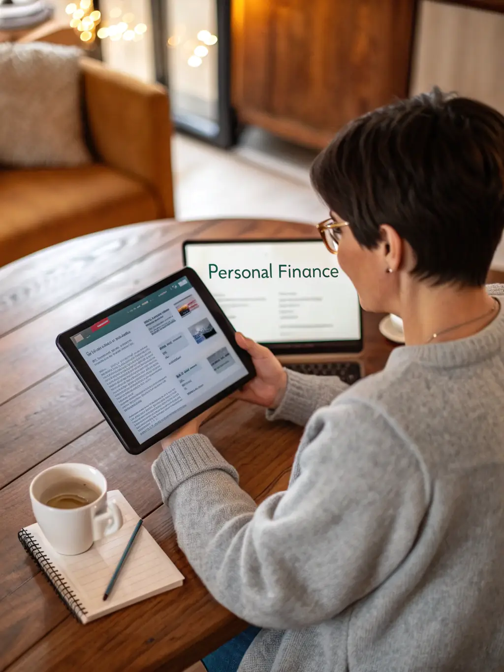 A person reading an article about debt management on a tablet, while sitting comfortably on a sofa with a notebook and pen nearby, in a cozy and inviting living room setting. This image represents the debt management articles offered by Argentio.be.