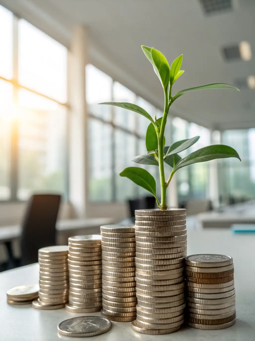 A stack of coins next to a growing plant, symbolizing the growth of savings and investments, in the context of Argentio.be's savings and investment advice.