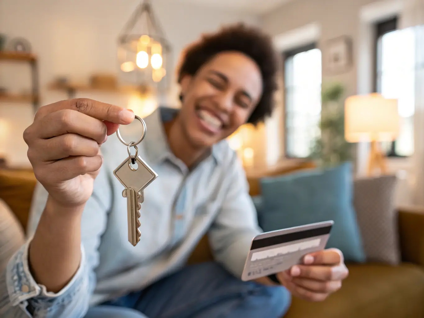 A person holding a credit card, with a house and car in the background, symbolizing responsible credit management.