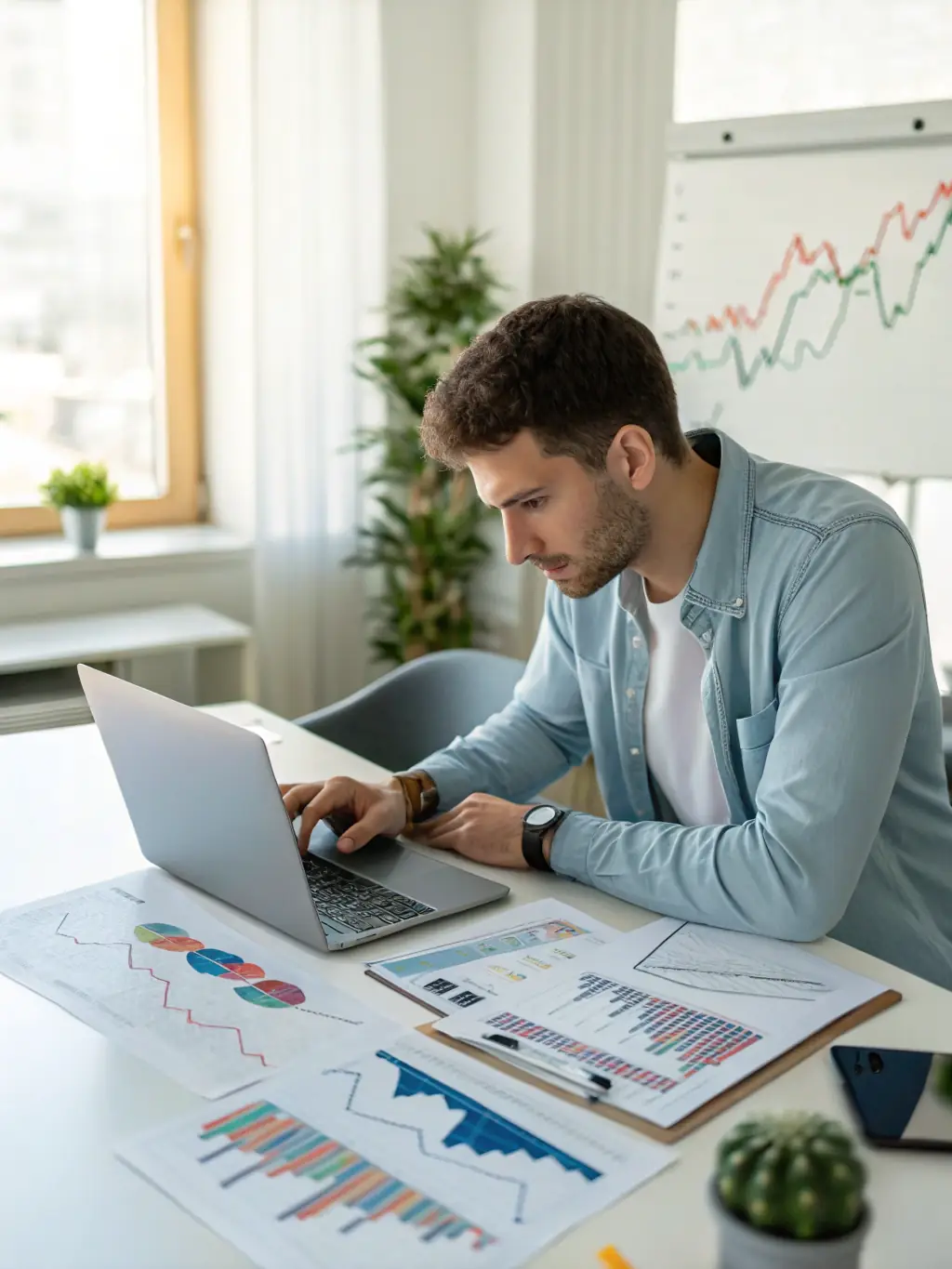 A person reviewing investment charts and graphs on a laptop, with a smartphone displaying stock market data next to them, in a well-lit and professional office environment. This image represents the investment guide offered by Argentio.be.