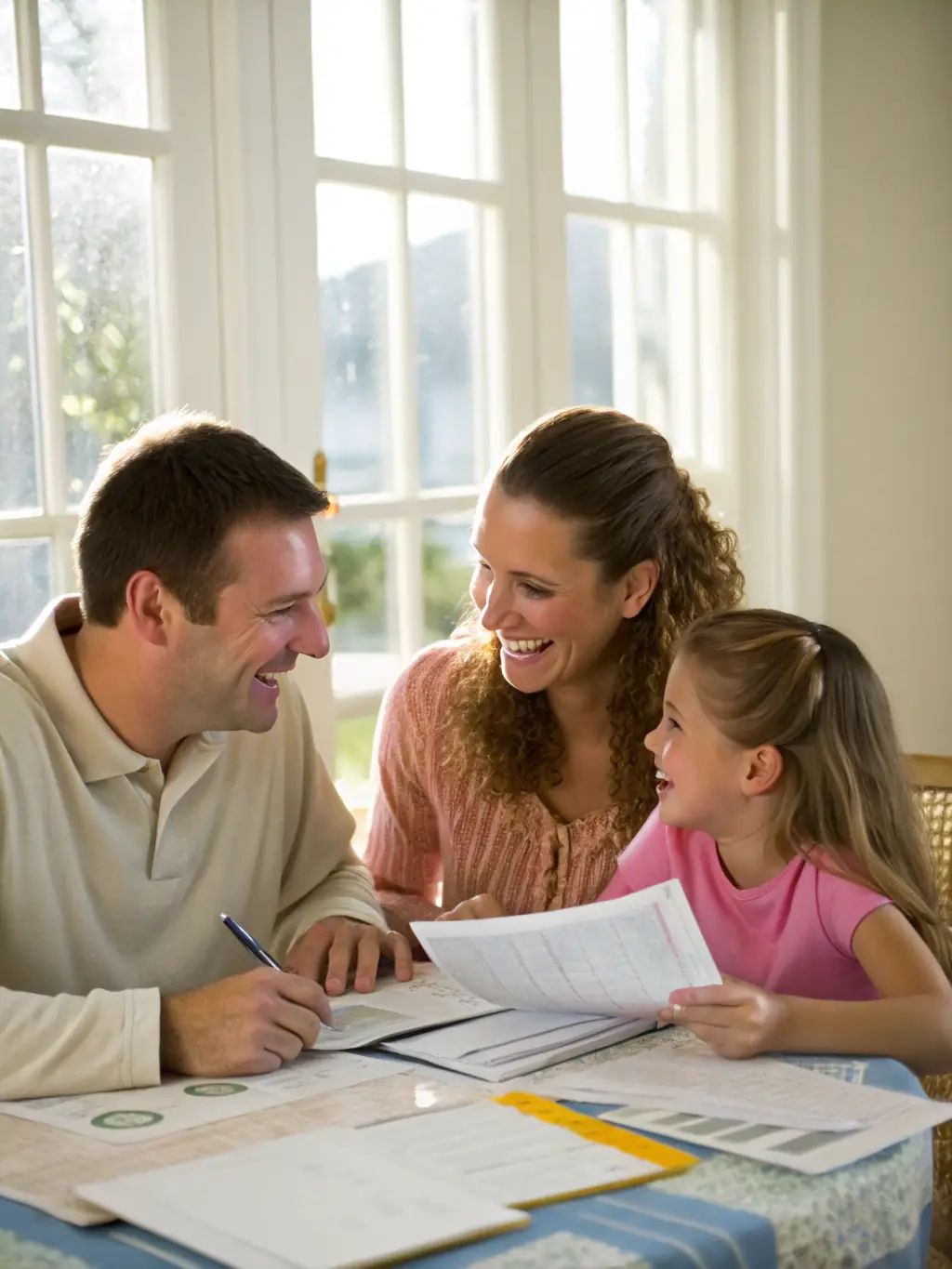 A family planning their finances together, emphasizing Argentio.be's family financial planning resources.