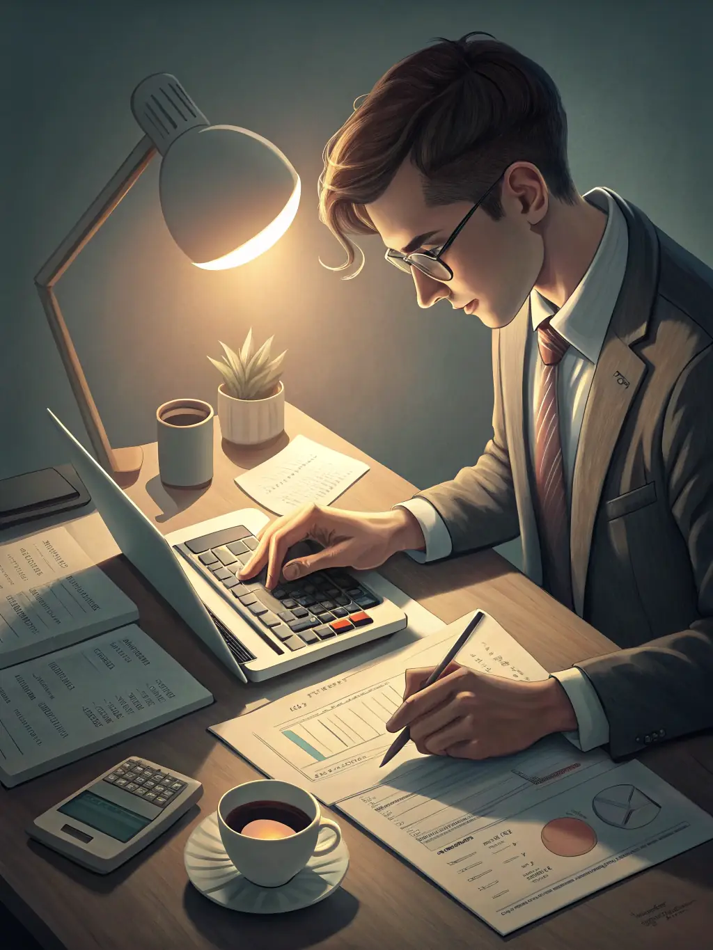 A person using a budget calculator app on their tablet, surrounded by financial documents and a cup of coffee, in a bright and modern home office setting. This image represents the budget calculator tool offered by Argentio.be.